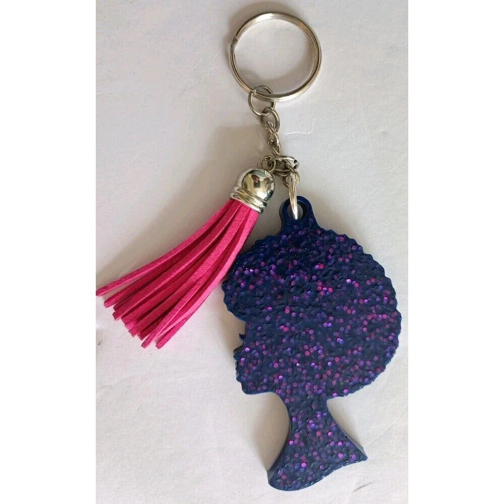 Afro Women Blue Hot Pink Glitter Keychain Purse Charm Tassel Handmade